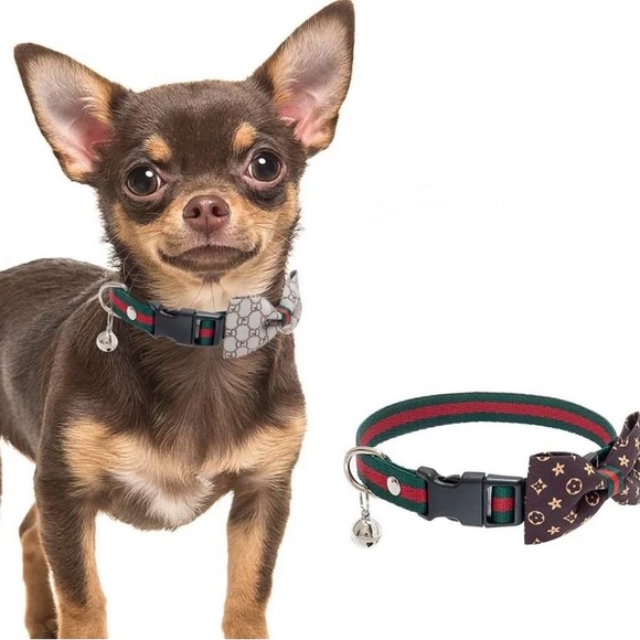 2 BOW BOWKNOT BELL PET CAT & DOG COLLAR. SIZE MEDIUM BEIGE AND BROWN COLOR - Picture 3 of 10